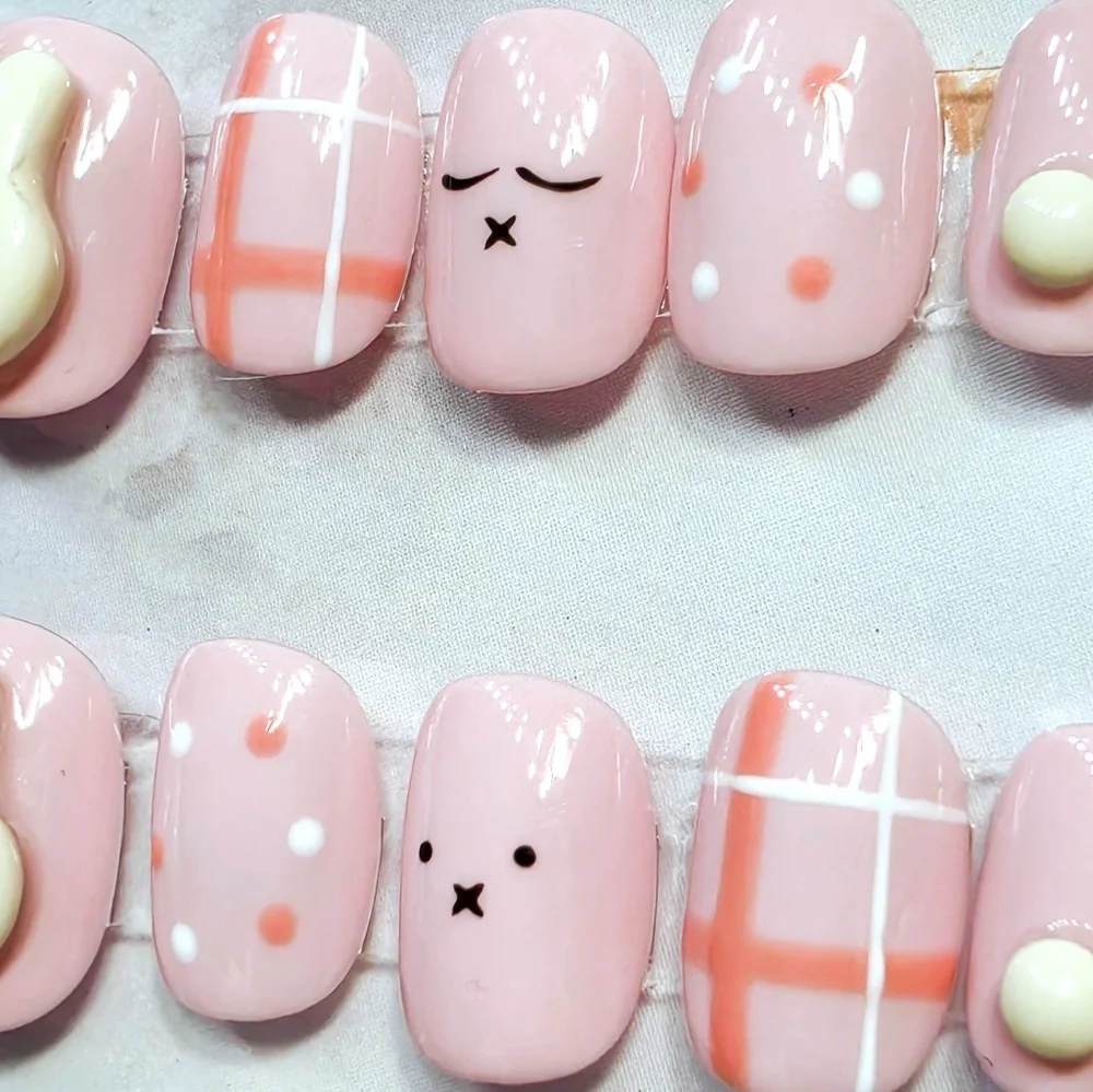 Kawaii Miffy Bunny Press On Nails Pink Plaid & 3D Easter Rabbit Art Size Small